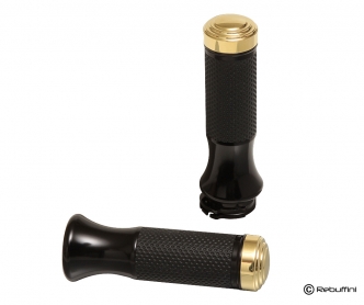 Rebuffini Cycles Oldstyle Grips In Black Anodized and Polished Brass End Caps For 1974-2023 Harley Davidson Single And Dual Throttle Cable Models (000724N)